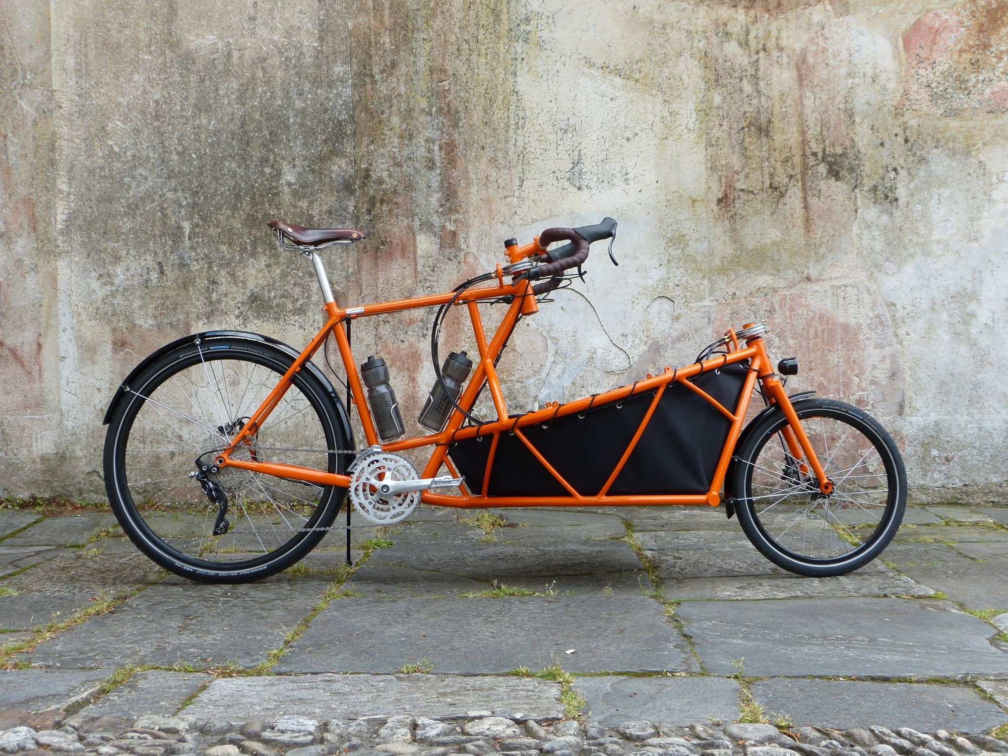 custom hand-made orange cargo bike